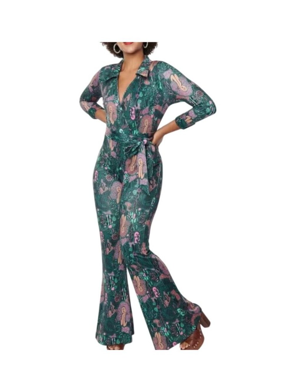 Unique Vintage Green Groovy Jumpsuit Belt size Medium Retro Long Sleeve Flared